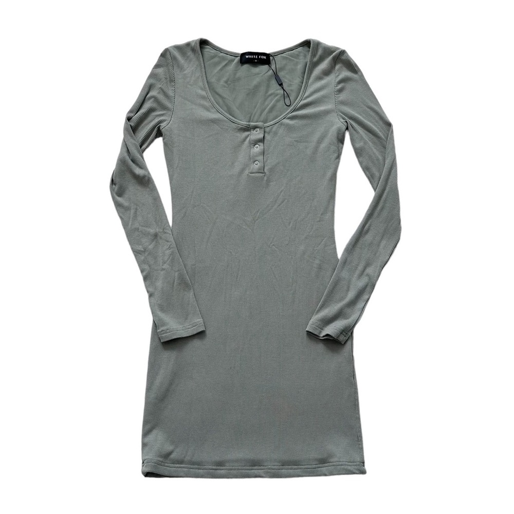 NWOT White Fox Ribbed Knit Long Sleeve Henley Mini Dress in Sage Size M